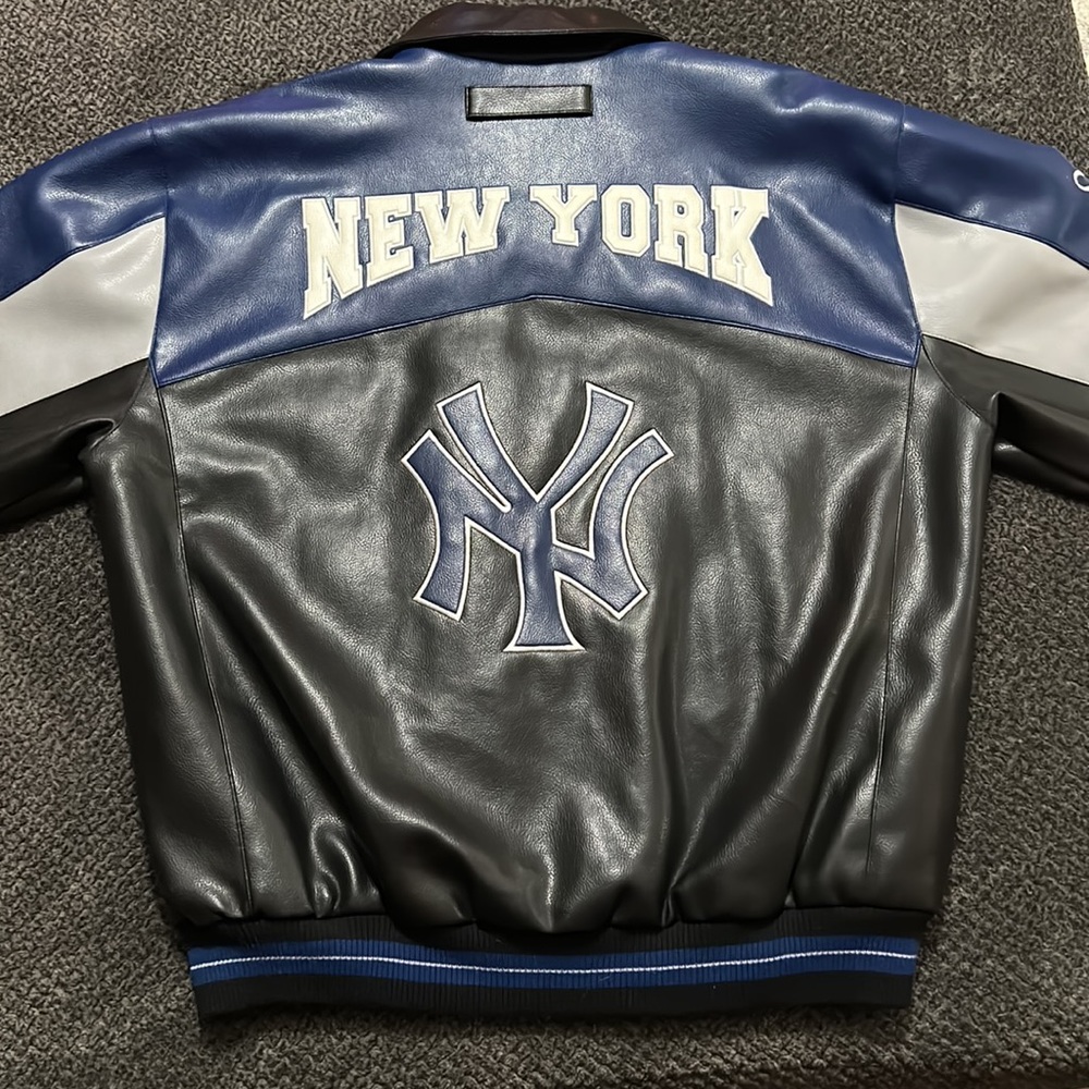MLB New York Yankees Leather Varsity Jacket Men’s Black Blue Bomber NY Logo - Picture 4 of 16